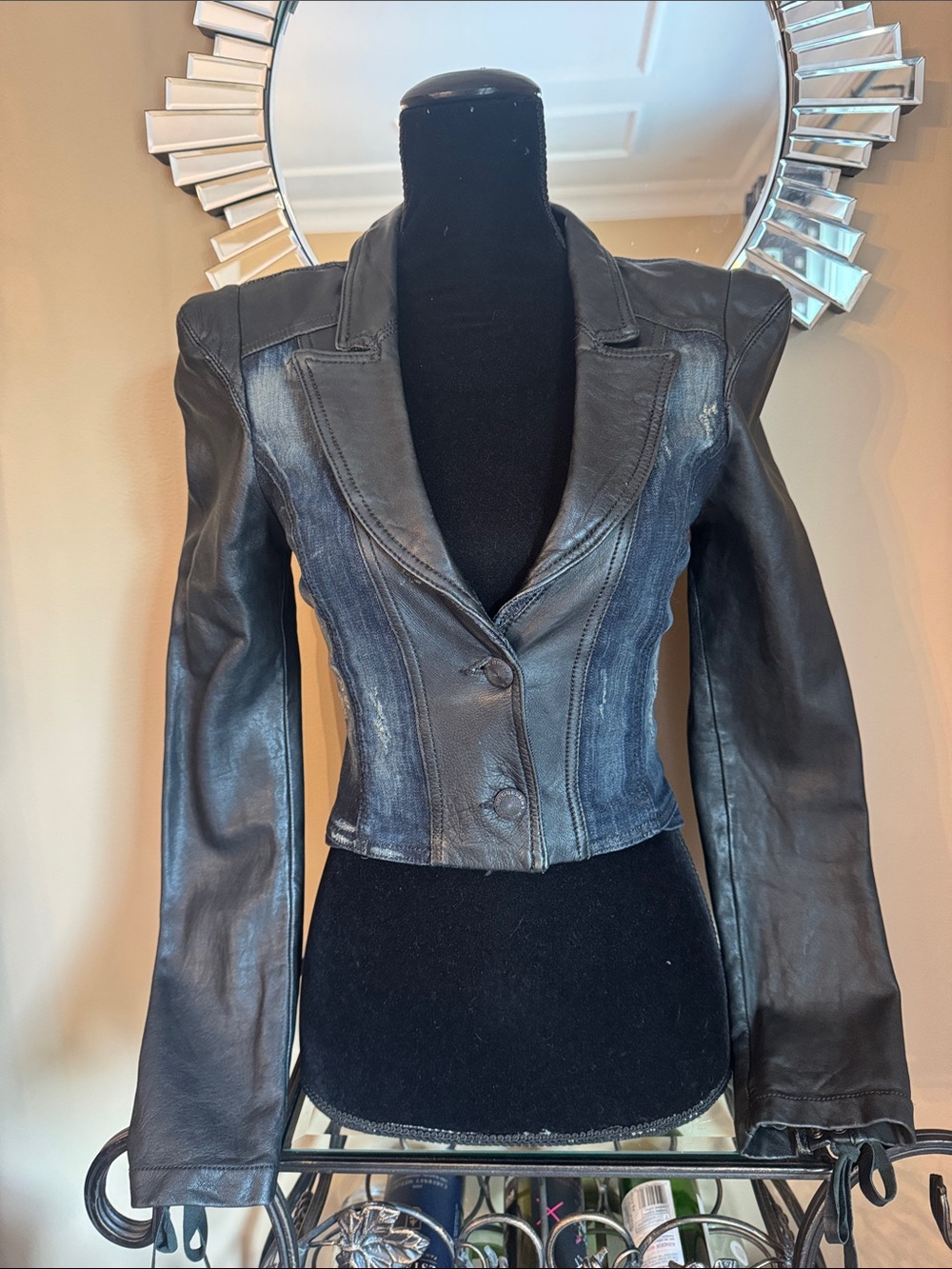 Guess Black Leather Blazer with Dark Denim Panels
